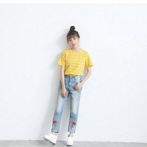 Round Neck Striped T-Shirt One Size Yellow